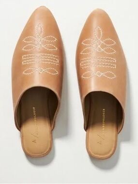 Anthropologie - Western Tan Leather Embroidered Mule Slides